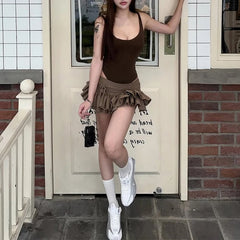 LIZAKOSHT - 2025 Maillard Style Y2K Retro Brown Hot Girl 2 Piece Sexy Skirt Suit U Collar Sleeveless Bodysuit+Drawstring Pleated Skirts