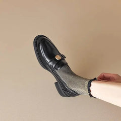 LIZAKOSHT - Women's British Shoe Autumn New Thick Heel Women Leather Shoe Versatile Anti Slip Women Casual Shoes Gold Buckle Women's Loafers