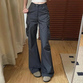 LIZAKOSHT - Korean Cargo Pants For Women High Waist Pockets Casual Fashion Trousers New Bottoms High Waist Black Vintage Pantalon Femme