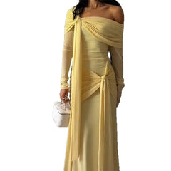 LIZAKOSHT - Off-Shoulder Pleated Long Dresses Women Fashion Solid Slim Ribbon Hip Pocket Maxi Dress Lady Summer Chic Evening Party Robes