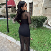 LIZAKOSHT - 2025 New Spring Sexy Mesh Maxi Dress Women Set 2 Piece Solid Autumn Long Sleeves Slim Dress Fashion Club Elegant Party Dresses