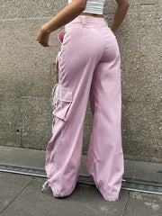 LIZAKOSHT - Bow Safari Style Big Pockets Wide Leg Pants Y2k Streetwear Mid-Waist Loose Trousers Women's Thin Casual pants