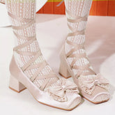 LIZAKOSHT - Summer Cute Square Toe Ballet Flats Shoes Women with Riband Sweet Satin Slip On Comfortable sole Office Lady Daily Shoes