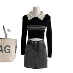 LIZAKOSHT - Knitted Sweater Contrast Lapel Striped College Style Long Sleeve Women'S Spring And Autumn Korean Style High Waisted Short Top