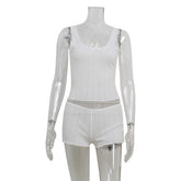 LIZAKOSHT - Leisure Sexy Summer 2Pcs Home Set Bowknot Lace Trim Strap U Neck Tank Tops+Slim Shorts Solid Color Sweet Comfort Loungewear