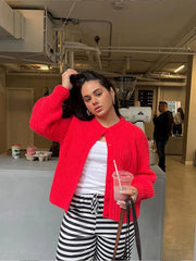 LIZAKOSHT - Chic Red Round Neck Loose Knitted Cardigan Women's Casual Single-breasted Long Sleeve Cropped Sweater Lady High Streetwear