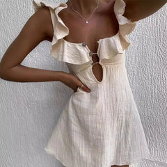 LIZAKOSHT - High Street Solid Buttoned Hollow Out Nightclub Dress Women Square Collar Mini Dress Sexy Lotus Edge Suspender Short Dress