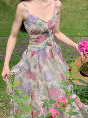 LIZAKOSHT - Fench Elegant Flora Print V-Neck Female Evening Party Dress Summer Vintage Spaghetti Strap Off Shoulder Clothes Vestidos Mujer