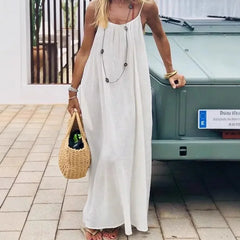 LIZAKOSHT  -  Summer New Fashion Holidays Lady Beach Robe Loose Backless Solid Color Sling Long Dress Women Sexy Sleeveeless Female Dress