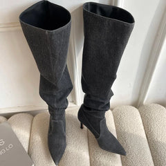 LIZAKOSHT - Pleated High Heels Denim Boots for Women Autumn Jeans Knee High Cowboy Boots Woman Blue Thin Heeled Long Botas Feminina