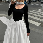 LIZAKOSHT - Fashion Autumn and Winter New Women's Fashion Contrast Sexy U-neck Long Sleeves Waist Big Swing Dress for Women