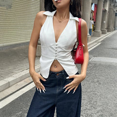 LIZAKOSHT  -  Women Casual V-neck Buttons Sleeveless Shirt Vest Minimalist Office Wear Lady Waistcoat Fashion Elegant White Tanks