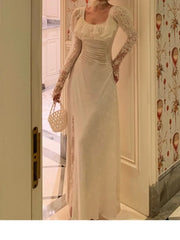 LIZAKOSHT Y2K Midi Dress Women Lace Ruffles Square Collar High Waist Slit Autumn Spring Vintage Evening Party Wedding Vestidos Prom Robe