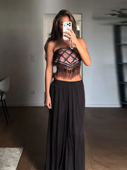 LIZAKOSHT - Women Floral Print Strapless Tube Top Long Tassel Asymmetric Triangle Hanky Hem Boho Western Cowgirl Festival Crop Bustier