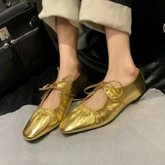 LIZAKOSHT - Spring/Summer Women Shoes Ballet Flats Ladies Leather Shoes Girl New Narrow Band Silver Flats Bling Bling Gold Round Loafer