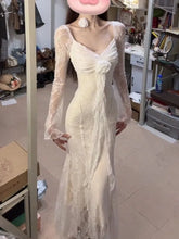 LIZAKOSHT  -  Fashion Rose Ribbon V-neck Dresses Sexy Lace Slim Fit Bodycondress for Women 2025 Summer New Long Sleeve Vestidos De Mujer