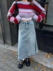 LIZAKOSHT - Early Spring Street American Retro Spicy Girl Stripe Contrast Knitted Sweetheart Academy Style Versatile Short Sweater