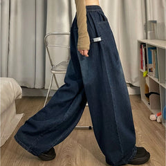 LIZAKOSHT - Straight Basic Pants Y2k Elastic Waist Oversized American Trouser Spring Women Vintage Baggy Jeans Denim Wide Leg Streetwear