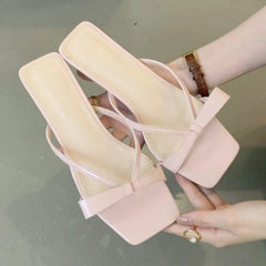 LIZAKOSHT - Sweet Narrow Strap Low Heeled Women Slippers Fashion Bowknot Backless Brand Sandals 2025 Elegant Party Designer Beach Shoe Pumps