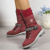 LIZAKOSHT - Plus Size 43 Women's Fashion Thermal Mid Calf Boots Knitted Splicing Lace Up Side Zipper Winter Boots Wedges heels Outdoor Boots