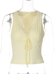 LIZAKOSHT - Woman Clothes Deep V-neck Yellow Tank Tops Sexy Sleeveless Lace Patchwork T-shirt Girls Y2K Corset Top Streetwear