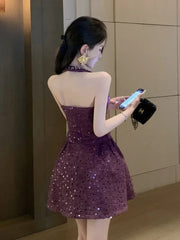 LIZAKOSHT  -  Korean Sweet Tweed Short Dresses For Women 2025 Spring Fashion Luxury Sequins Hotsweet Backless Sexy Party Dress Vestidos Cortos