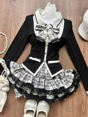 LIZAKOSHT - Preppy Style Hot Girl Y2K Splicing Color Slim Knitted Sweater + Plaid Cake Skirt Japanese Style Sweet Cute Two Piece Sets Women
