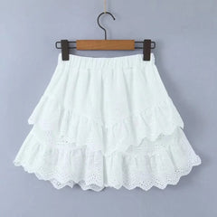 LIZAKOSHT - Summer French Elegant Lace Cake Skirt Fashion Mini Skirt Women Vintage Cotton A-line High Waist White Skirts Womens