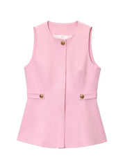 LIZAKOSHT - Elegant O-neck Pin Top Pant 2 Piece Sets Women Fashion Sleeveless Waist Cinching Top Straight Pants Suit Lady Summer Chic Set