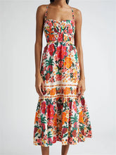 LIZAKOSHT - Vintage Floral Print Long Maxi Dress for Women Sleeveless Strap Ruched Buttons Up High Waist Beach Dress Vestido