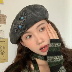 Lizakosht Japanese Retro Flower Patch Beret Spring and Summer Travel Sunscreen Versatile Model Thin Cute Painter Caps Woman's Berets
