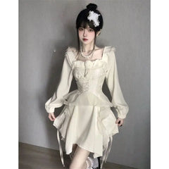 LIZAKOSHT  -  Hikigawa Spring Solid Causal Women Dress All Match Long Sleeve Slim Waist Dresses Vintage Chic Fashion Elegant Vestido De Mujer