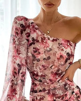 LIZAKOSHT - Faionable Retro Floral Print One oulder Sexy Bodycon Dr Women's Gown Svel Ele Draped Neline Evening Dr