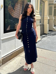LIZAKOSHT - Women's Knit Cardigan Dress 2025 Summer Elegant Lady Long Dresses Solid Single Breasted Sleeveless Bodycon Female Vestidos