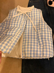 LIZAKOSHT - Sweet Plaid Bow Women Vest Sleeveless O Neck Preppy Double Sided Wear Casual Coats Korean Chic Student Zipper Cute New Outwear