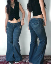 LIZAKOSHT - Y2K Harajuku Vintage Hip Hop Casual Slim High Waisted Jeans Streetwear Fashion Blue Washed Flowers Embroidered Baggy Jeans Women