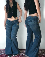 LIZAKOSHT - Y2K Harajuku Vintage Hip Hop Casual Slim High Waisted Jeans Streetwear Fashion Blue Washed Flowers Embroidered Baggy Jeans Women