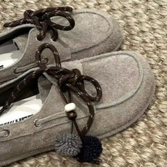 LIZAKOSHT - Spring Autumn Round Toe Women Loafers New Cow Suede Lace Up Flat Shoes Casual Versatile Doudou Shoes Soft Soled Lady Shoes