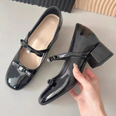 LIZAKOSHT  -  Patent Leather Round Toe Chunky Mary Jane Shoe Woman Pumps Shallow Leisure Dress Shoes Crystal Fashion Sweet High Heeled Women