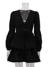 LIZAKOSHT - Summer Black Ruffled Mini Dress Female V-Neck Long Sleeve Solid Commute Elegant Party Dress Evening Women's Bodycon Dress