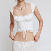 LIZAKOSHT - Vintage Fairy Straps Lace Trim Bustiers Crop Tops Summer Sweet Women Sleeveless Low Cut Cross Lace-up Corsets Y2K Aesthetic
