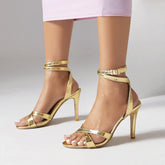 LIZAKOSHT - Summer New Women's Sandals Large Size 36-46 Foot Lengths 23-28cm Metal color Cross Loop Ankle Buckle High Heels shoes women