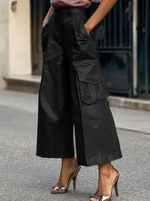 LIZAKOSHT - New Arrivals Women Faux PU Wide Leg Pants Fashion Pockets Solid Color Loose High Waist Casual Trousers Bottoms