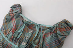 LIZAKOSHT - Women's Retro Contrast Color Pliad Short-sleeved Pure Cotton Shirts Female Summer Lace-up Slimming Single-breasted Blouse Tops