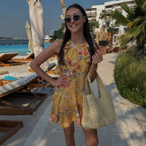 LIZAKOSHT - Fashion Yellow Floral Print Mini Dress For Women Casual O-neck Sleeveless Ruffle Trim With Lace Dress Lady Beach Vestidos