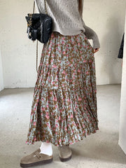LIZAKOSHT - Autumn Winter Wrinkled Floral Pleated Skirt Women Korean Style Casual High Waisted A-Line Midi Long Skirts Maxi falda plisada