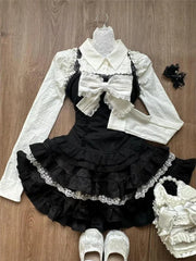 LIZAKOSHT - Japanese Style Kawaii Sweet Suit Hot Girl White Casual Shirt + High Waist Cute Lace Mini Skirt Party Lolita Sets Woman Chic 2025