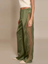 LIZAKOSHT - Sexy Satin Pants Women Loose Elastic Waist Lace Up Patchwork Lace See Through Trousers Female Spring Chic Solid Streetwears
