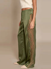 LIZAKOSHT - Sexy Satin Pants Women Loose Elastic Waist Lace Up Patchwork Lace See Through Trousers Female Spring Chic Solid Streetwears
