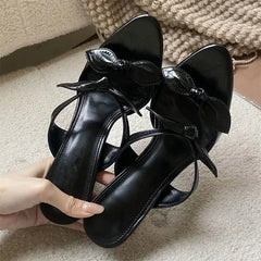 LIZAKOSHT - Fashion Women Pink Bow Knot High Heel Mules Open Toe Patent Leather Slip On Sandals Thin Heel Summer Party Dress Shoes